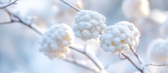 Frost covered white berries on a branch in winter with soft blurred background Copy Space
