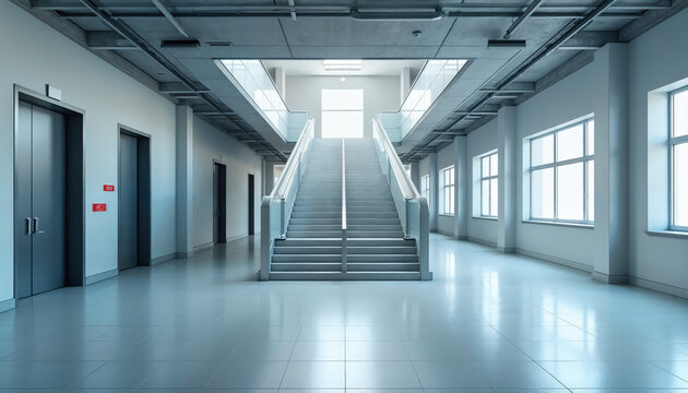 HDRI Environment Map: panorama of emergency evacuation stairs in an empty modern office hall with columns, doors, and panoramic windows