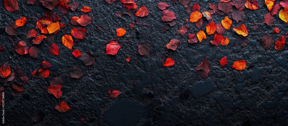 Poster colorful autumn leaves scattered on a dark textured background with ample copy space for text.