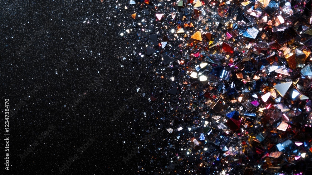 Poster colorful sparkling glitter on black background with copy space for text or design elements. macro sh