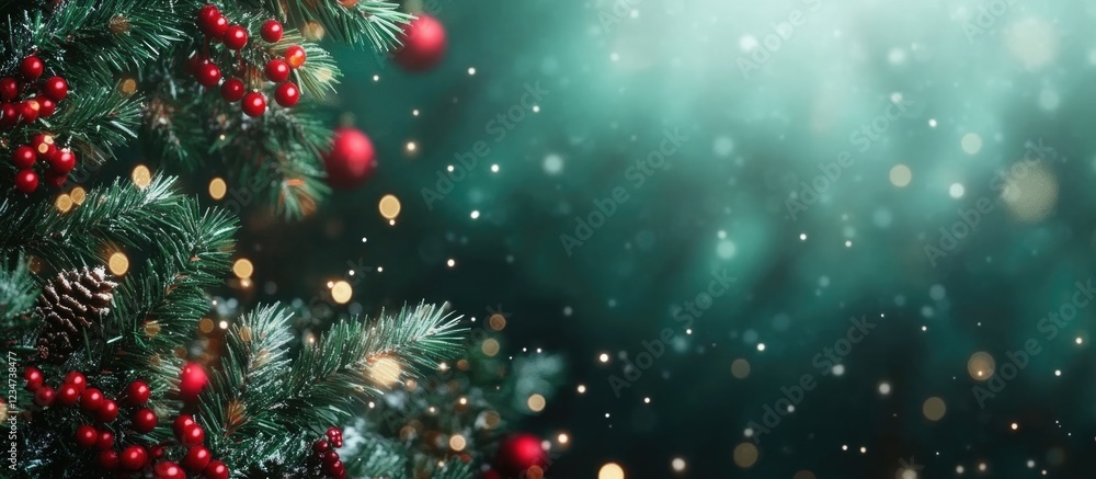 Poster christmas tree with ornaments and red berries on a green background with snowflakes and copy space f
