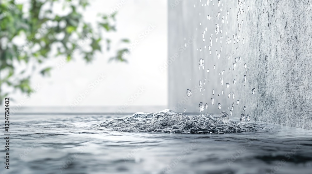 Poster water droplets creating ripples in a tranquil pool with textured stone wall and blurred greenery in 