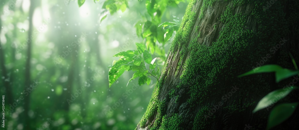 Poster lush green forest background with mossy tree trunk and soft sunlight filtering through leaves copy s