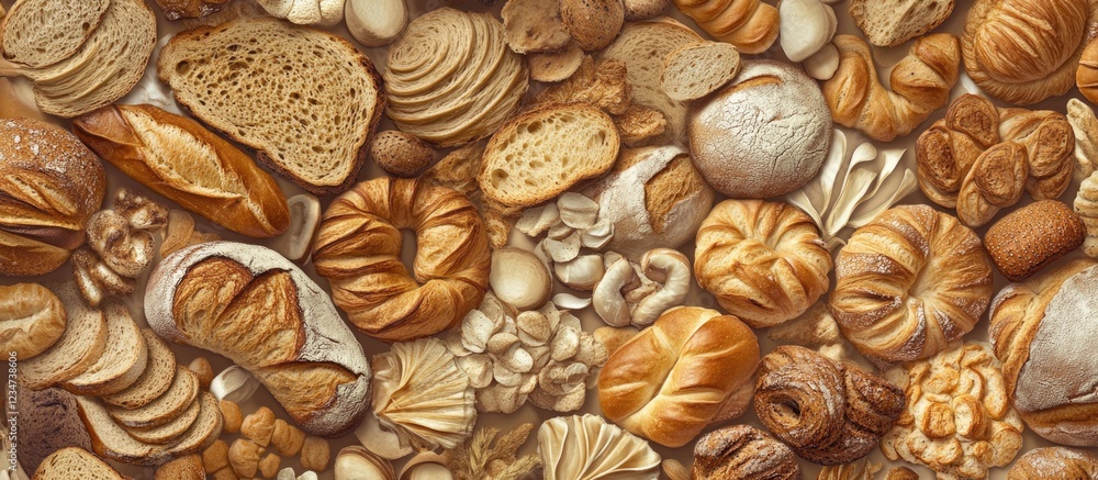 Poster assorted breads and pastries background with copy space for text overlay