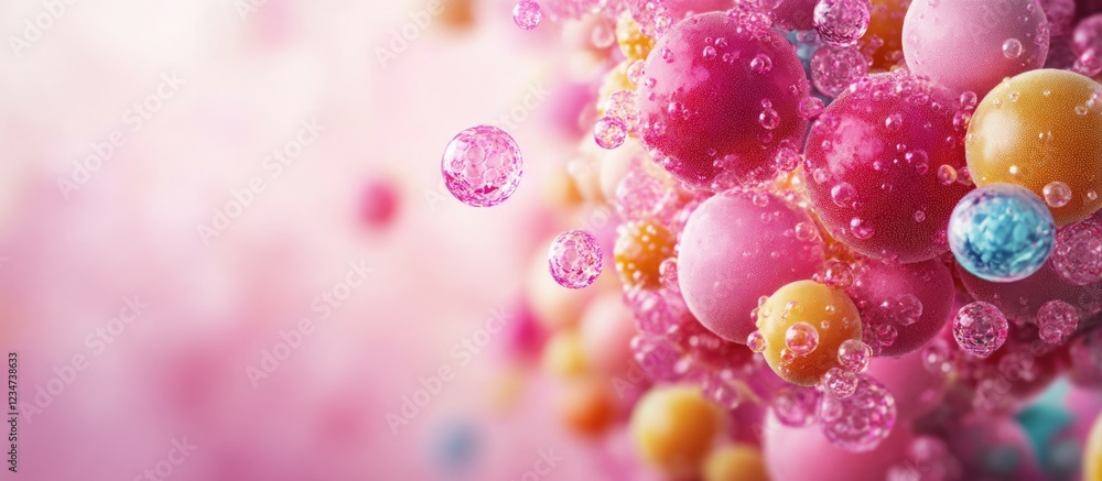 Poster colorful abstract spheres with bubbles on a soft pink background ideal for design projects with copy