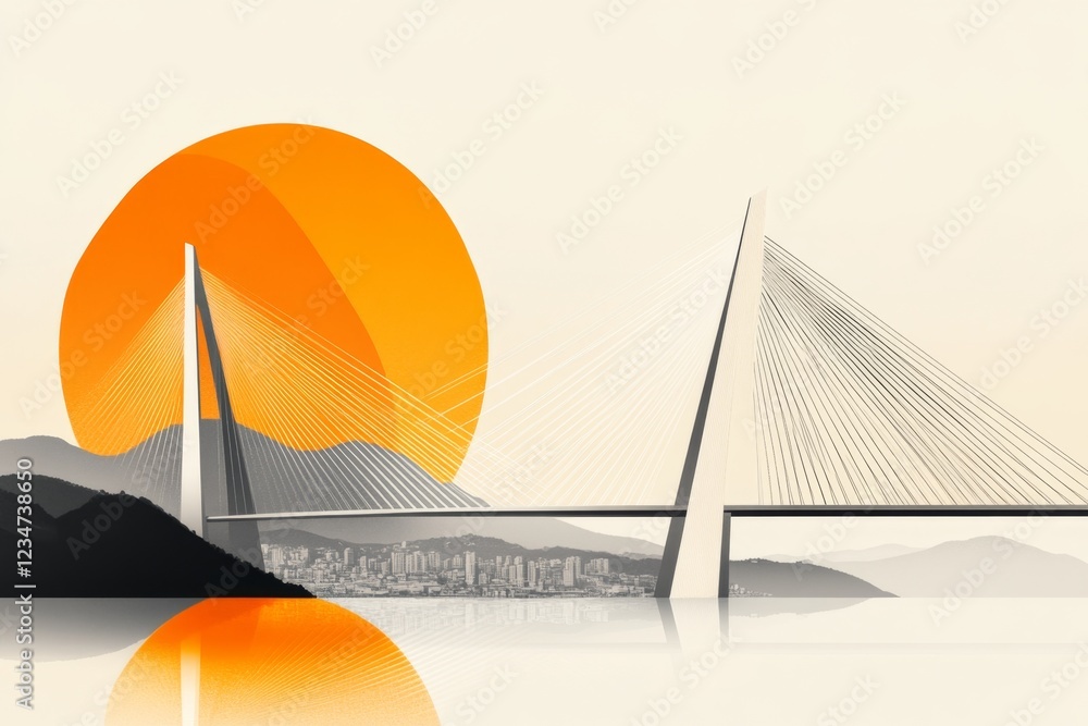 Poster A simple geometric depiction of a large bridge spanning across a valley, with sharp, clean lines and muted pastel tones