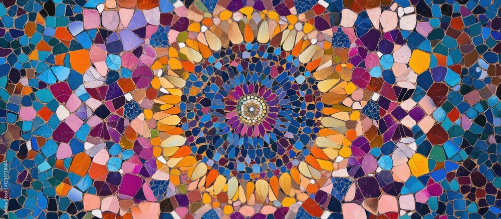 Poster colorful mosaic pattern with circular design and abstract shapes in vibrant hues copy space