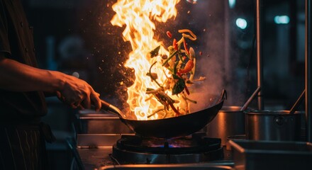 Fiery Wok Cooking Delicious Stir Fry Vegetables