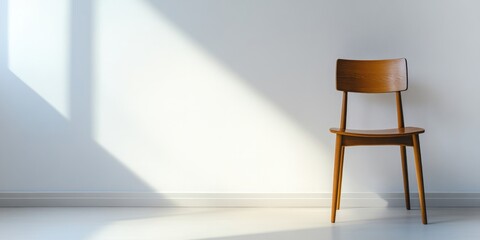 Wooden chair positioned against a bright minimalist wall with sunlight casting shadows and ample Copy Space for text placement