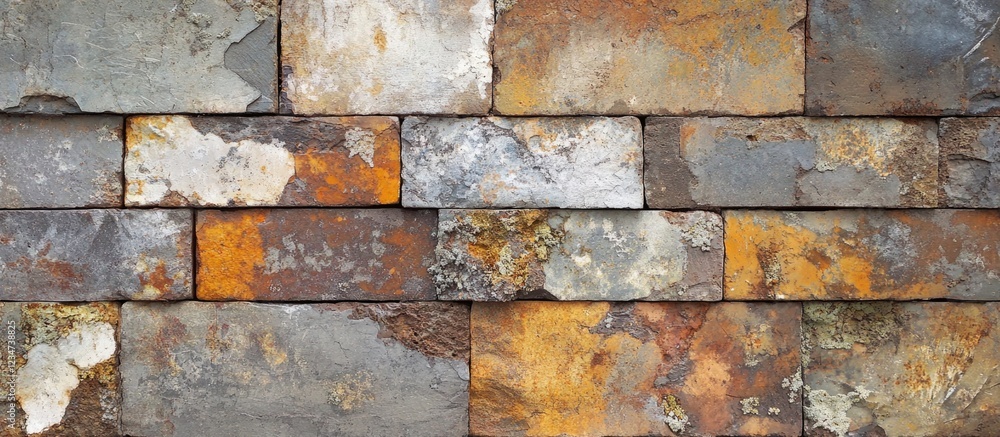 Poster textured slate stone wall background with various color tones and natural patterns copy space