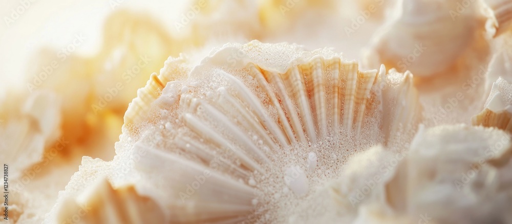 Poster close-up of delicate seashells with soft lighting and textured surfaces copy space