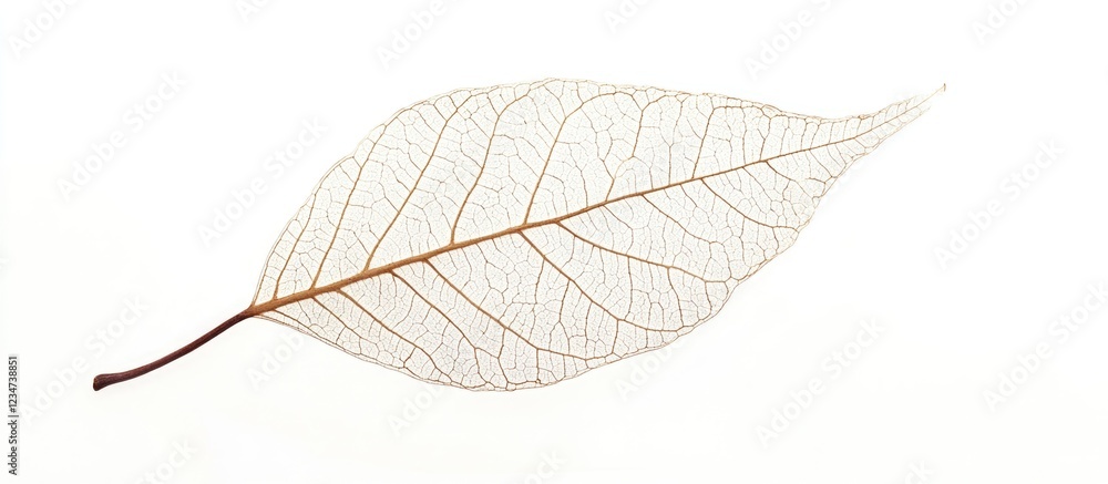 Poster detailed close-up of a delicate dried leaf showcasing intricate vein patterns on a white background 