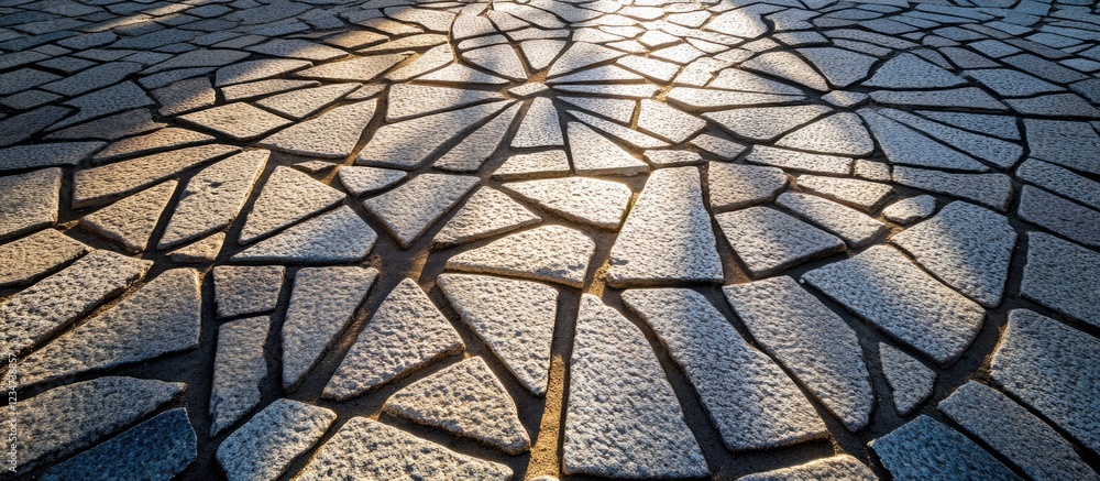Poster textured cobblestone pavement with irregular pattern and soft sunlight reflections, featuring divers