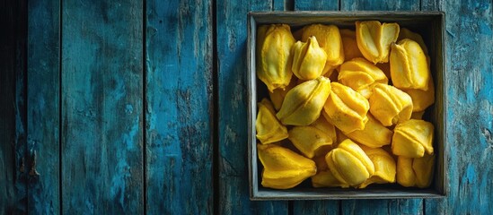 Yellow star fruit in a wooden box on a blue rustic background with copy space for text