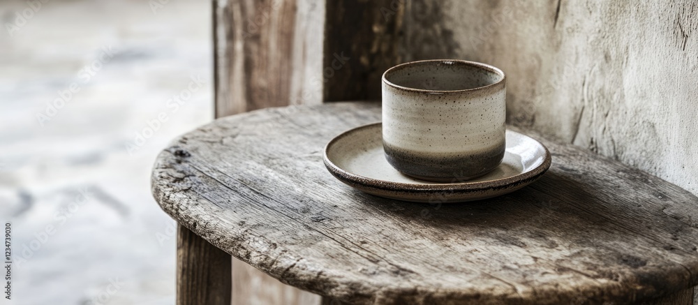 Poster ceramic cup and saucer on rustic wooden table with textured background and copy space for text