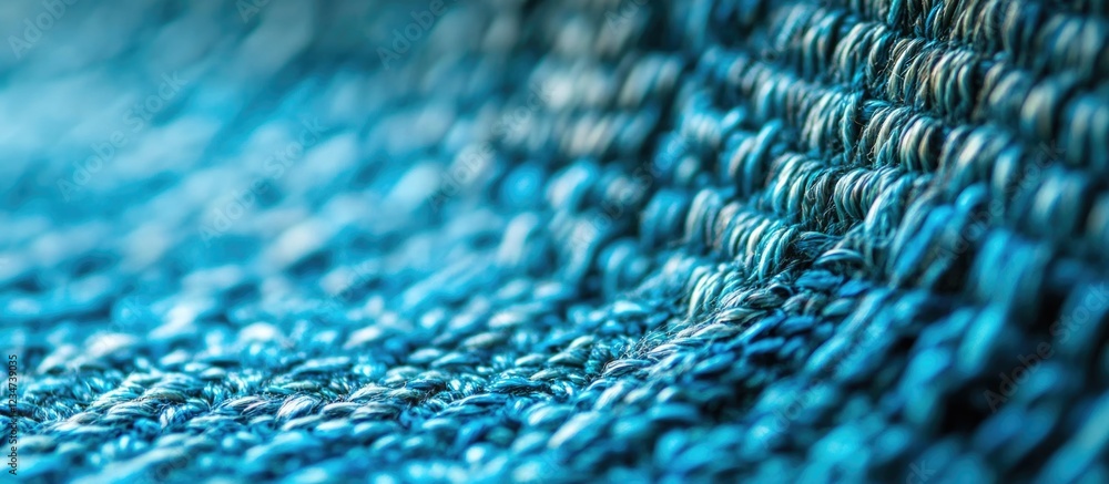 Poster close-up of woven fabric texture in shades of blue with detailed threads and patterns copy space
