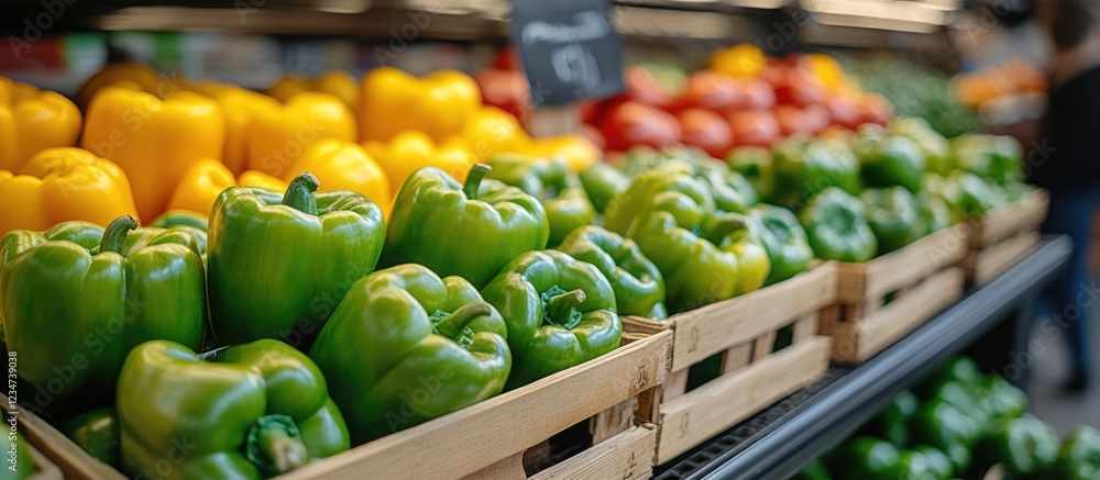 Aufkleber fresh colorful bell peppers in wooden crates at a grocery store with blurred background and copy spa