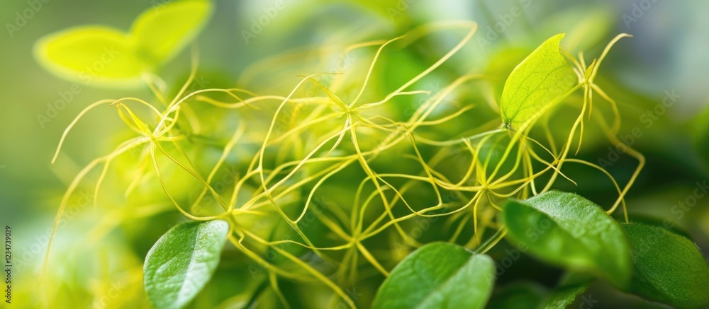 Poster green leaves with fine tendrils in soft focus with copy space for text placement.