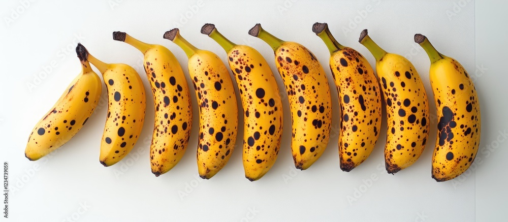 Poster Fresh ripe bananas with spots arranged in a row on a white background with copy space for text placement