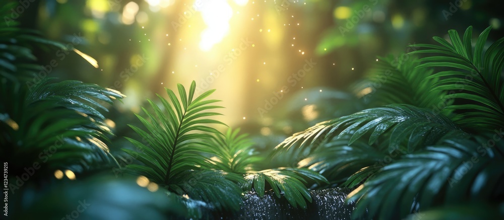 Poster lush green ferns in tropical forest with soft sunlight filtering through trees and gentle bokeh effe