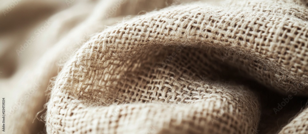Poster close-up view of textured burlap fabric with natural fibers and folds copy space