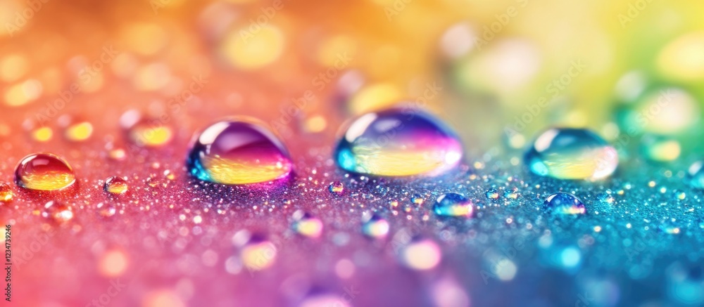 Poster close-up of colorful water droplets on a textured surface with copy space for text