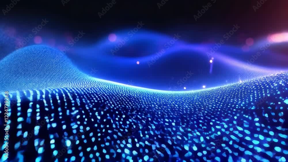 Poster dynamic glowing waves of digital particles in motion