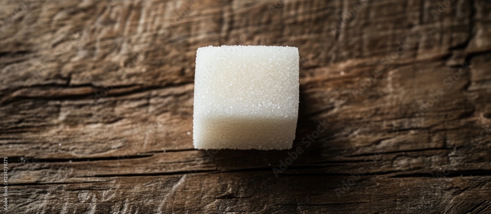 Poster white sugar cube on rustic wooden background with natural texture and copy space for text placement.