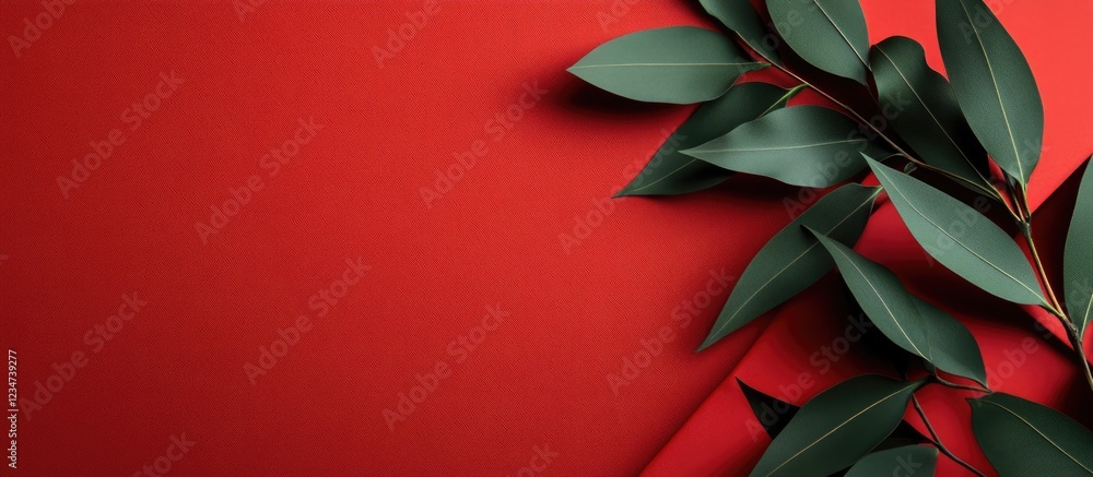 Poster green leaves on a red background with ample copy space for text placement