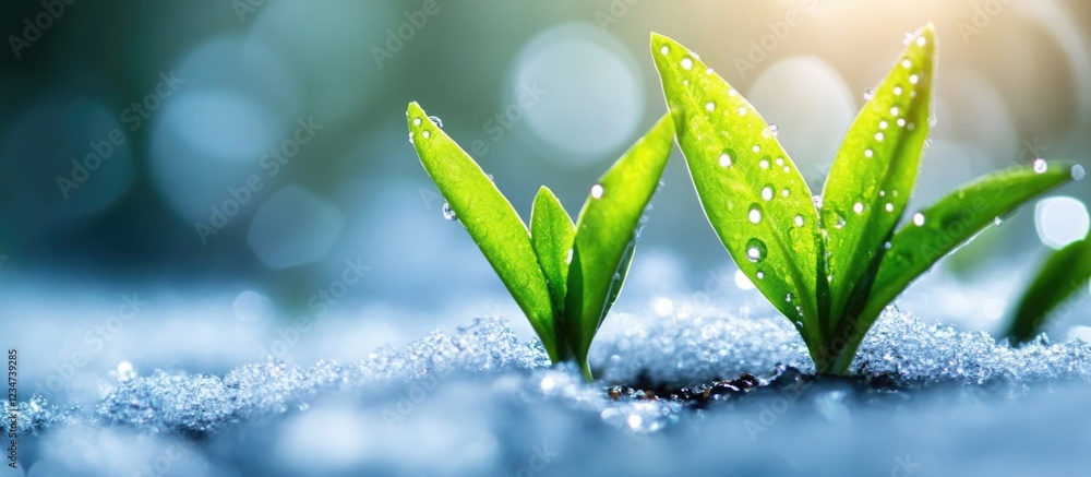 Poster fresh green sprouts with water droplets on the surface in a soft focus background with copy space fo