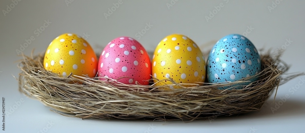 Poster colorful easter eggs in a nest made of straw with ample copy space for text placement.