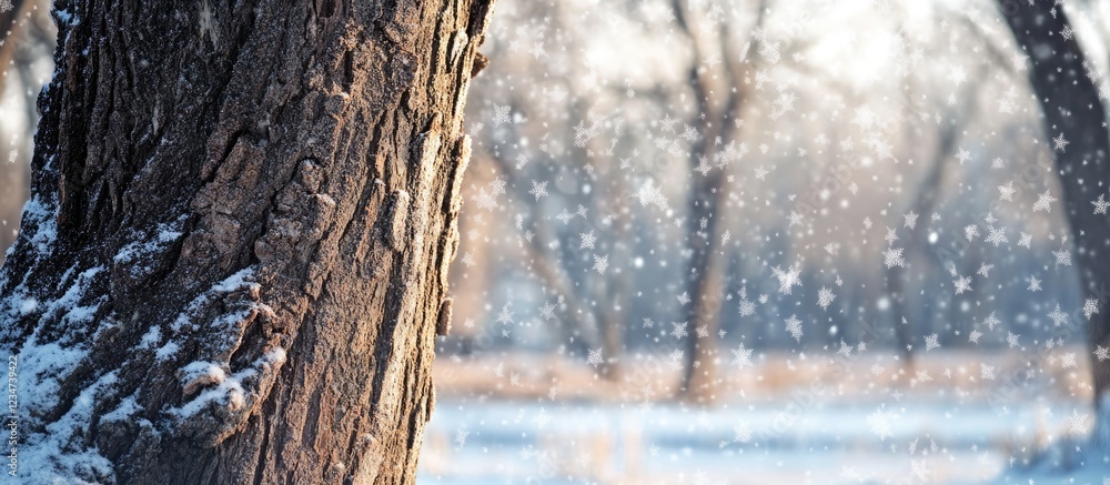 Poster snowfall in winter forest with tree trunk in foreground and soft focus background featuring snow-cov