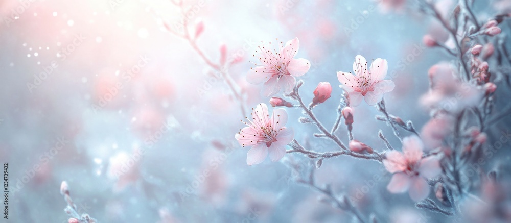 Poster delicate cherry blossom branches with soft pastel colors and light bokeh background featuring copy s