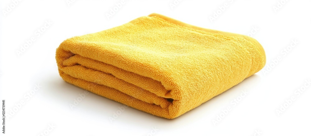 Poster folded yellow towel on a white background with copy space for text placement.
