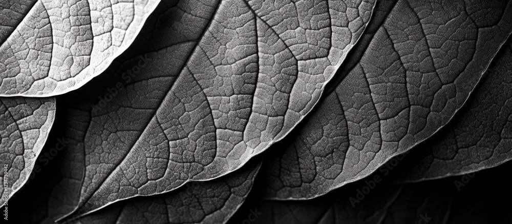 Poster close-up of textured dark green leaves with intricate veins and patterns in monochrome with copy spa