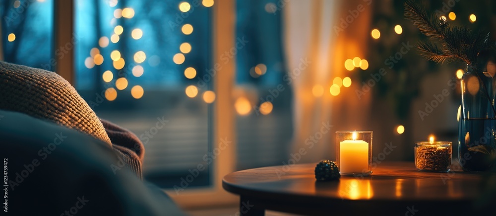 Poster cozy living room scene with ambient candlelight and soft bokeh lights in background with copy space 
