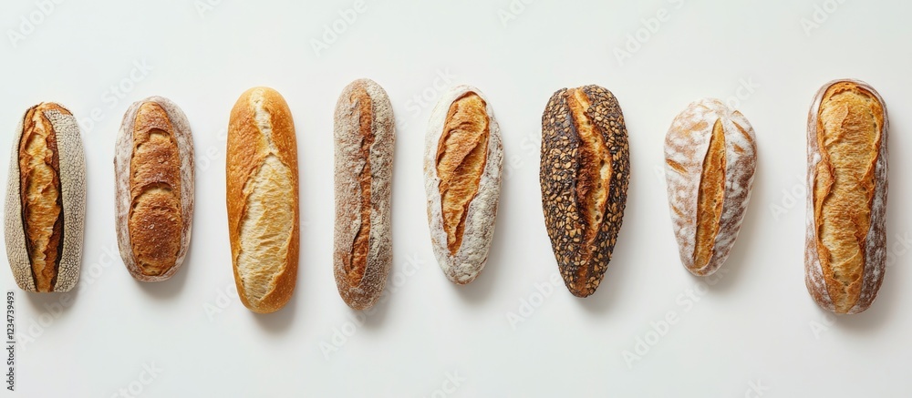 Poster assorted artisanal bread rolls displayed in a row on a white background with copy space for text