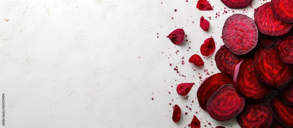 Poster beetroot slices with rose petals on a marble surface with copy space for text placement