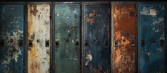 Rusty vintage metal lockers in various colors with peeling paint and aged texture Copy Space