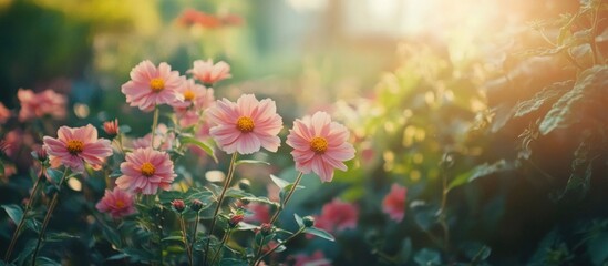 Pink flowers blooming in garden with sunlight filtering through foliage Copy Space