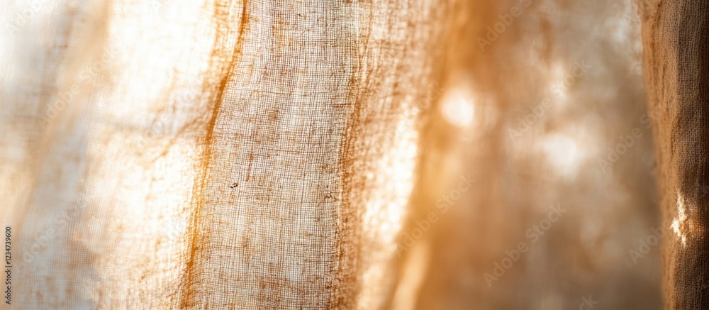 Poster close-up of textured linen fabric with warm light illuminating the soft fibers and subtle imperfecti