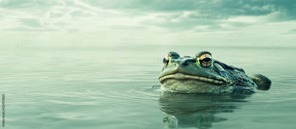 Poster frog swimming in calm water under cloudy sky with reflection and copy space for text.