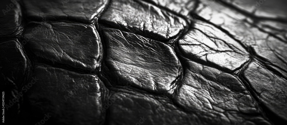 Poster close-up texture of black crocodile leather with detailed pattern and grain structures copy space