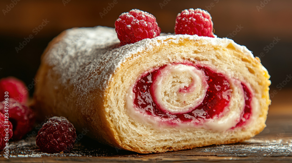 Poster jam roll, high-resolution macro image of raspberry jam showcasing texture and color for culinary or 