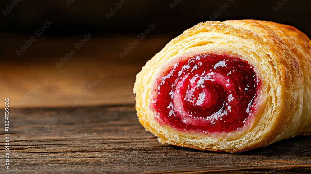 Poster jam roll, a high-resolution macro shot of raspberry jam showcasing vivid colors and textures, ideal 