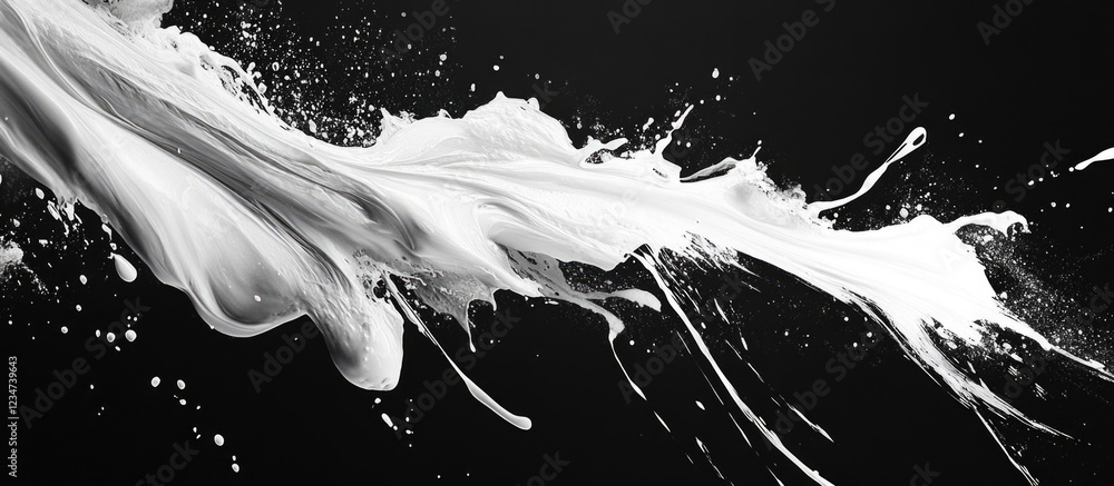 Poster abstract white paint splash on black background with dynamic flow and texture, suitable for various 