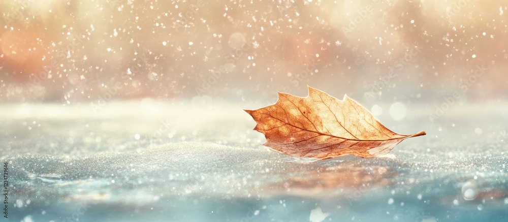 Aufkleber autumn leaf floating on water surface with gentle snowfall in soft blurred background copy space