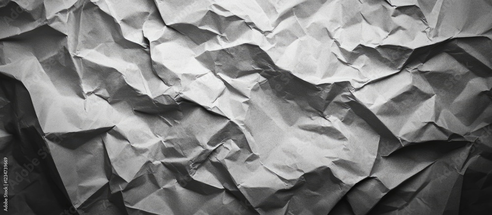 Poster crumpled textured gray paper background with shadows and highlights copy space