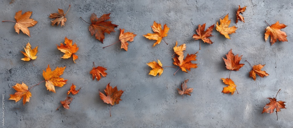 Poster autumn leaves scattered on a textured gray surface with ample copy space for text placement