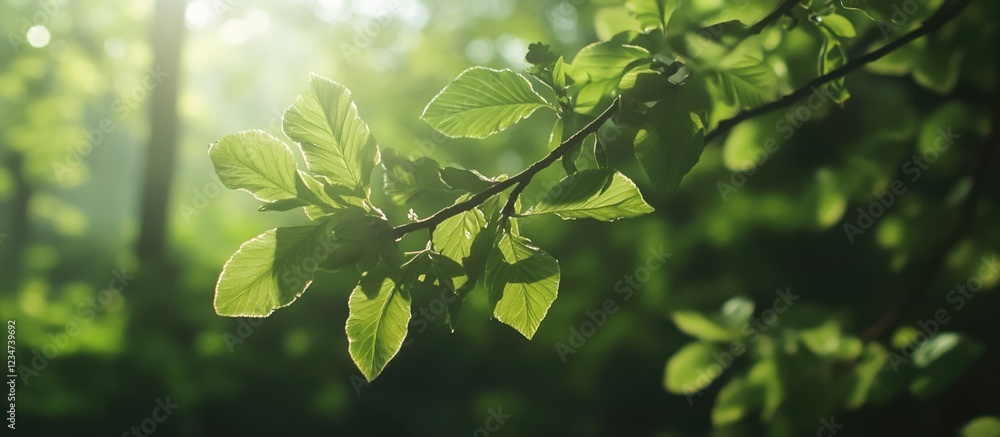 Poster fresh green leaves on a branch with soft sunlight filtering through trees in a forest setting copy s